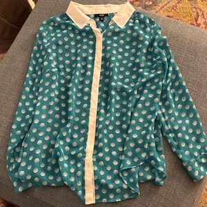 AGB Teal and White Polka Dot Button Down Shirt